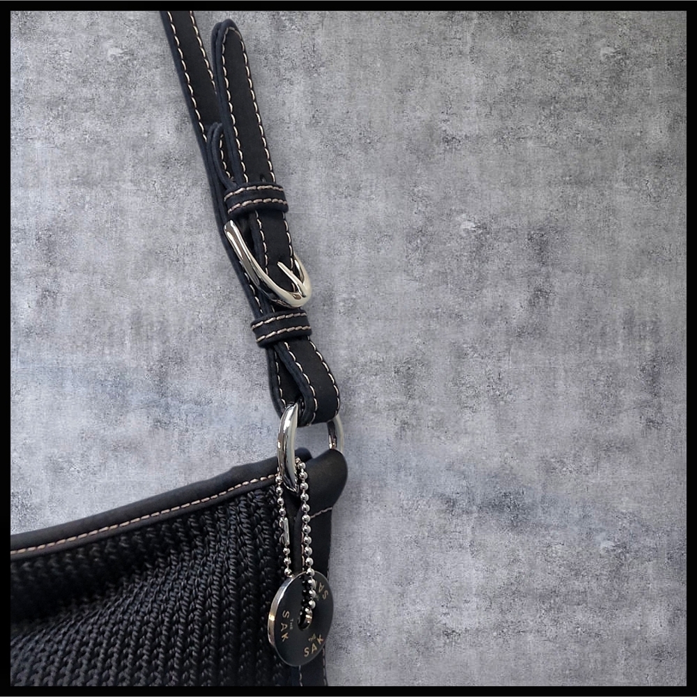 THE SAK Woven Knit Y2K Zipper Shoulder Bag Purse Black Green Blue Diamond Lining - Picture 2 of 13